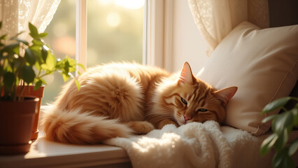 Obraz na płótnie Canvas A fluffy domestic cat sleeping peacefully on a soft blanket near a window