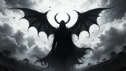 Mysterious Winged Figure Silhouetted Against Dark Storm Clouds in a Dramatic Fantasy Scene