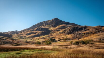 Fototapeta premium Majestic Mountain Peak Surrounded by Autumnal Landscape and Clear Blue Sky in Scenic Wilderness