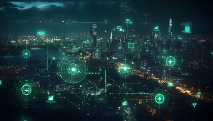 Futuristic city skyline network at night.