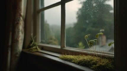 Green Plants Growing on Windowsill with Rainy View and Soft Natural Light Enhancing Indoor Atmosphere and Serenity