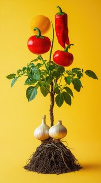 Naklejki A vibrant plant with tomatoes, peppers, and onions