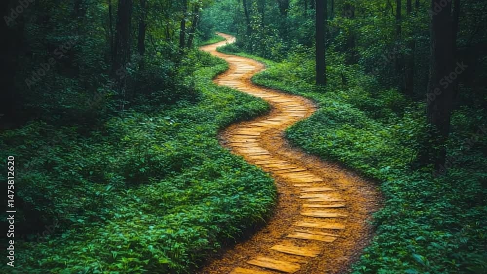 Aufkleber winding path in enchanted forest: a meandering path invites exploration, gently weaving through a ve