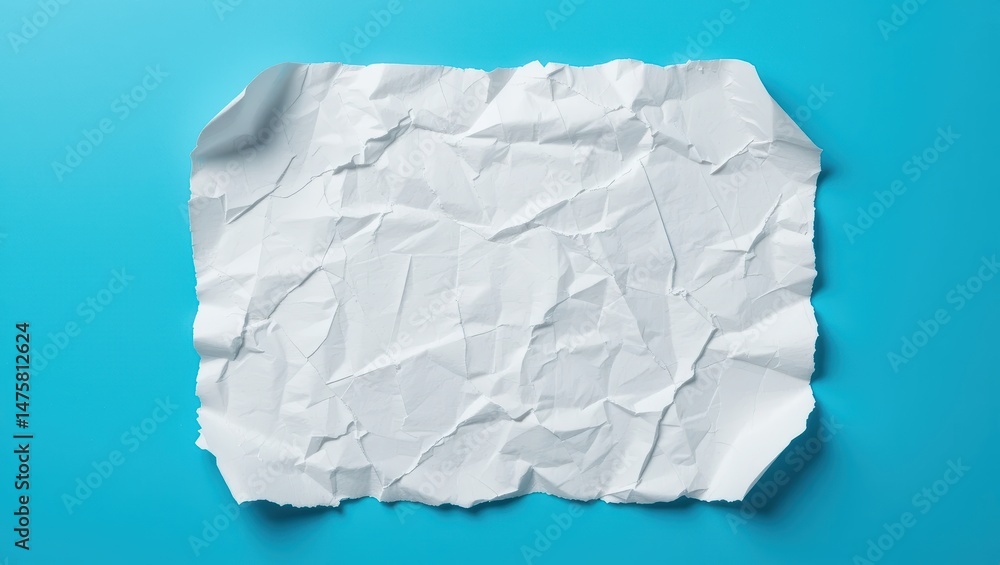 Poster crumpled white paper sheet on bright blue background creating a simple abstract textured visual