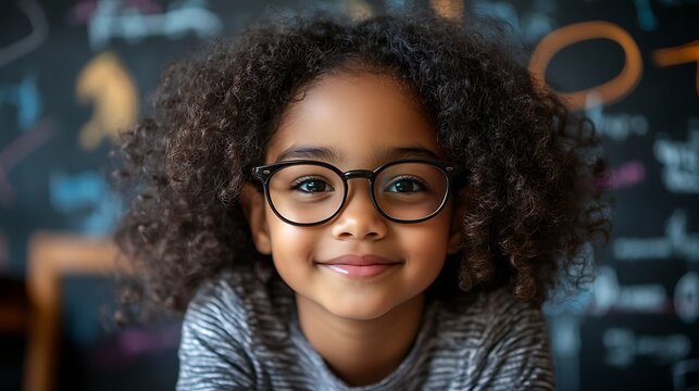 Smiling child wearing glasses with curly hair in front of chalkboard filled with colorful math symbols and equations. Celebrating learning and curiosity. International Day of Mathematics