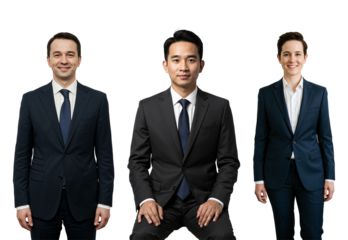 Studio portrait of three diverse business professionals, two men and one woman, wearing suits against a transparent background, representing corporate teamwork and success