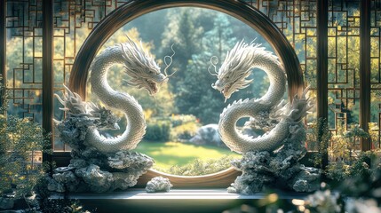White dragons facing, circular window, Asian garden, serene scene, home decor © paukan