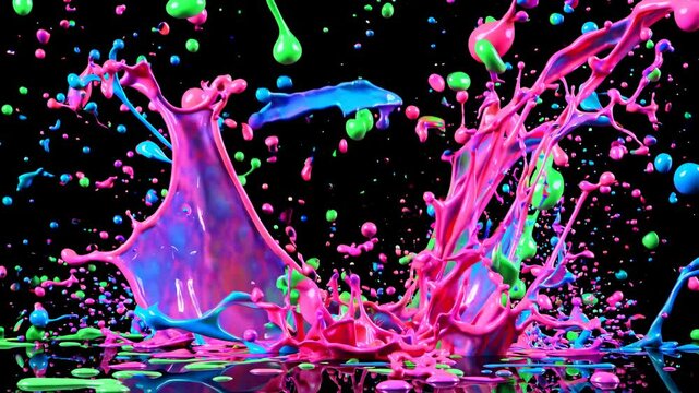 Vibrant multicolored paint bursting, splattering across dark surface with explosive, dynamic color movement