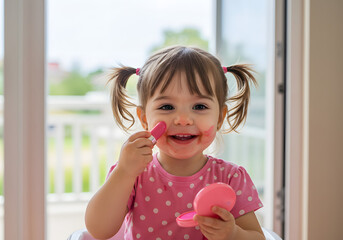 playful toddler girl wearing lip makeup