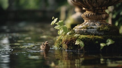 Fototapeta premium Serene water scene with bird splashing near ornate fountain surrounded by lush green plants in a tranquil garden setting