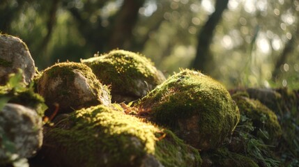 Lush Green Moss Covering Rocks Under Soft Natural Light in a Tranquil Outdoor Environment