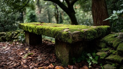 Moss-Covered Stone Bench in a Lush Forest Surrounded by Greenery and Autumn Leaves