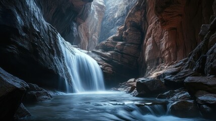 Waterfall cascading through canyon landscape