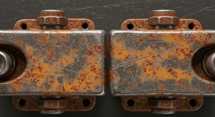 Close-up of weathered metal hardware with rust and scratches, showcasing age and decay against a dark background.