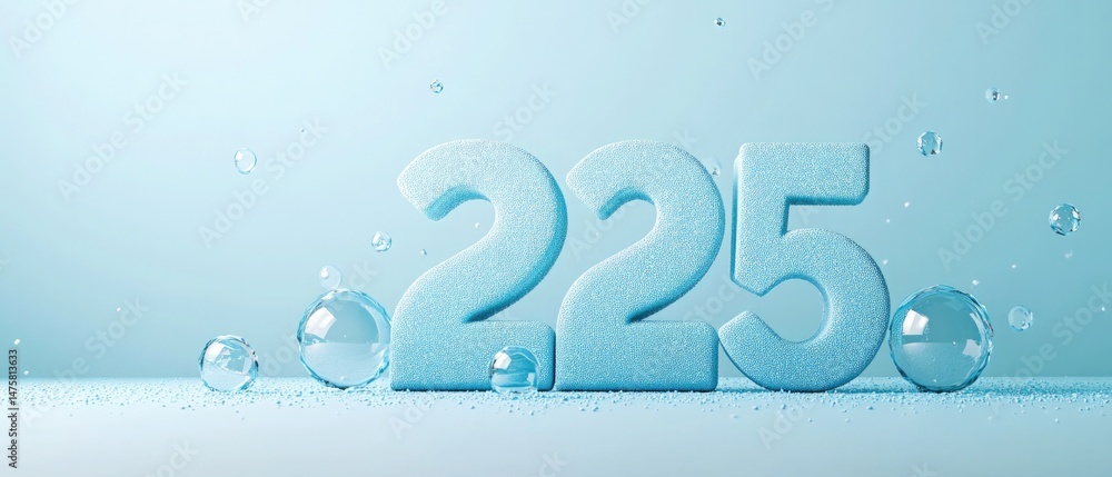 Poster 3d rendering of textured number 225 with spheres on light blue background