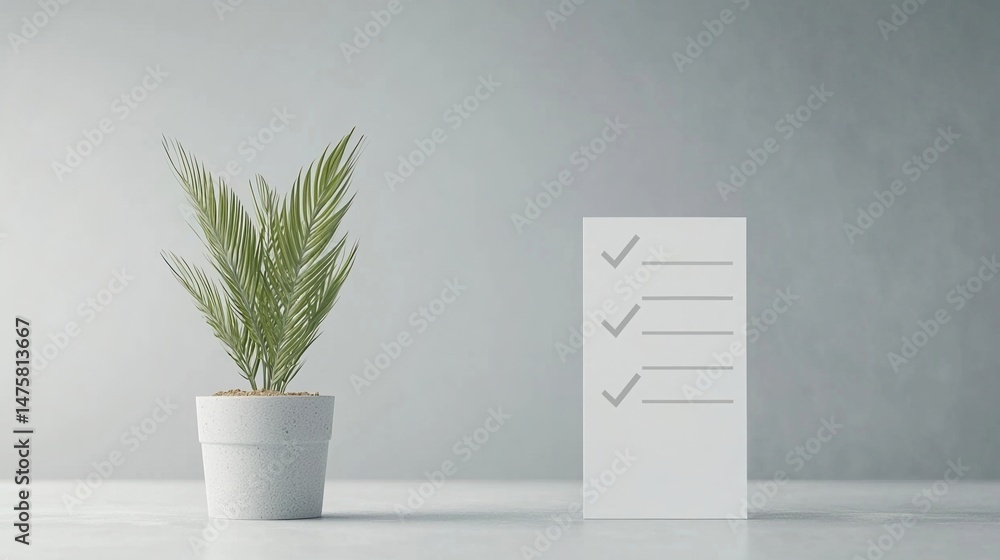 Poster minimalist image of a potted plant next to a checklist card on a light surface with a soft gray back