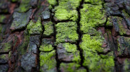 Close-Up of Tree Bark with Green Moss Highlighting Texture and Natural Patterns in Forest Environment