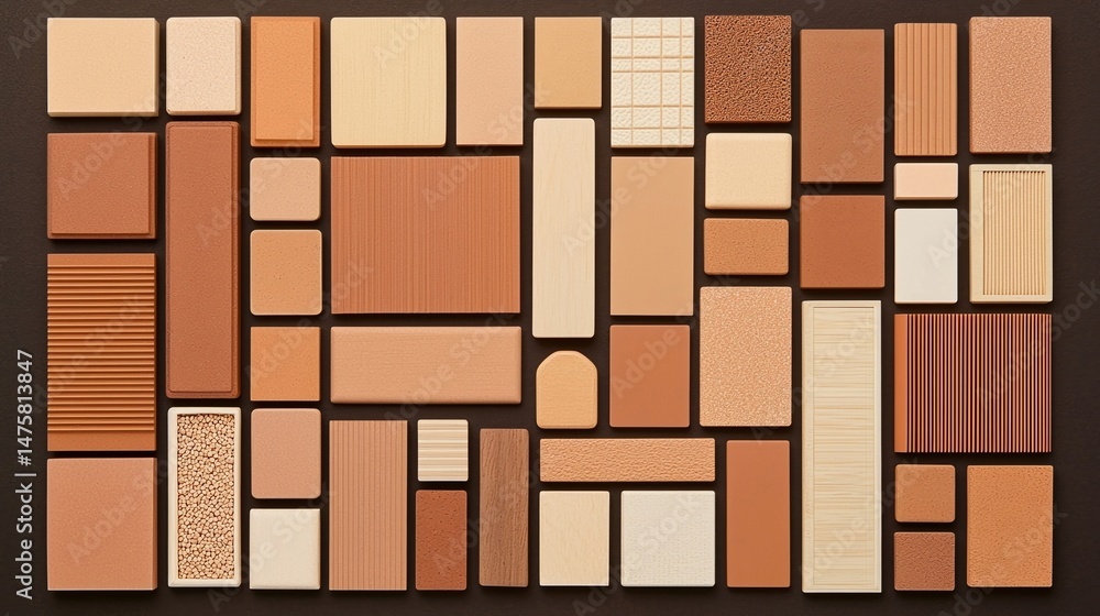 Poster a collection of rectangular tiles in various shades of brown and beige with different textures and p