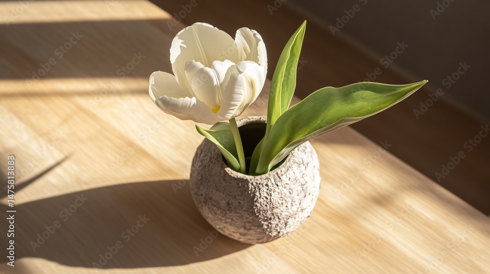 Poster top down view of white tulip in rough textured vase on clean wooden table soft shadows and neutral l
