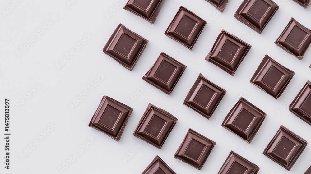 Poster neatly arranged dark chocolate squares on a white background create a minimalist and modern pattern.