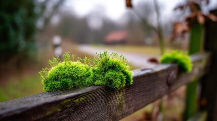 Lush Green Moss Growing on Wooden Fence Rail Surrounded by Natural Landscape in Soft Focus Background