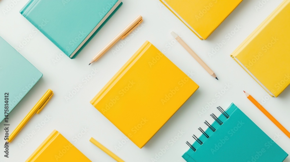 Poster colorful notebooks and pens arranged neatly on a light background in a flat lay style.