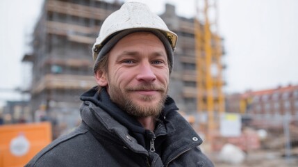 Man in Construction Worker Uniform Standing Confidently in Front of a Building Under Construction at a Site with Heavy Equipment and Scaffolding
