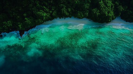 Aerial view of a tropical coastline with vibrant turquoise water and lush green vegetation along shore