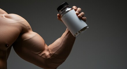 A muscular arm holds a bottle, emphasizing fitness and health. The focus is on strength and wellbeing, set against a neutral backdrop.