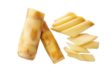 Bamboo shoot julienne strips piled centre overhead, isolated on transparent background