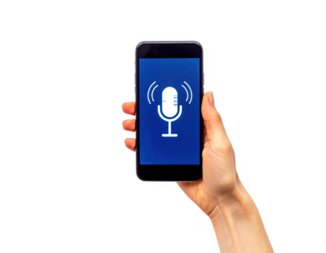 Hand Holding Smartphone Displaying Voice Recording Application Icon - Powered by Adobe