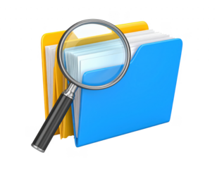 Colorful folders with magnifying glass for document analysis and search