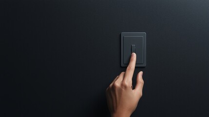 A hand is about to flip a black light switch on a dark textured wall.