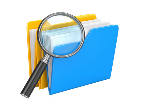 Colorful folders with magnifying glass for document analysis and search