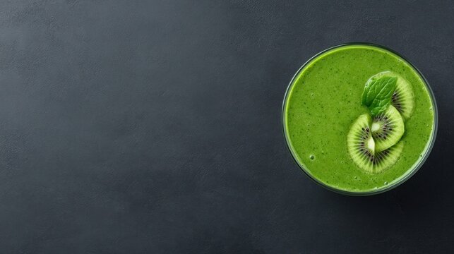 A green smoothie garnished with kiwi slices and mint leaves on a dark background.
