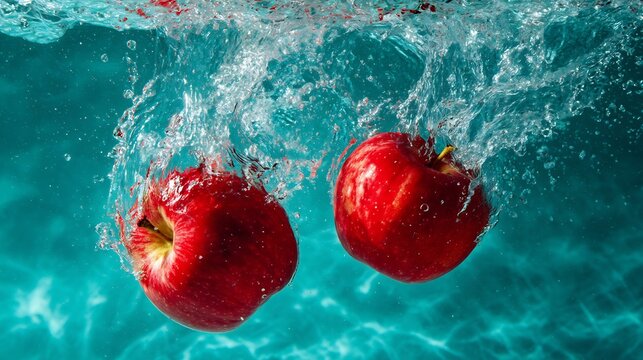 Two bright red apples falling into teal water dramatic splash vivid contrast between fruit's red water's cool hue capturing the moment of impact in motion cut out on isolated transparent background - Powered by Adobe