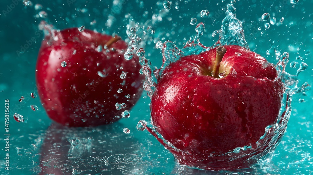 Poster two glossy red apples hitting teal water creating beautiful splash surrounded burst of water droplet