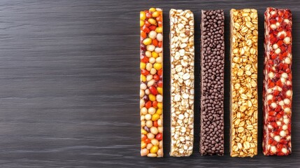 Variety of Nutrient-Dense Energy Bars Displayed on a Dark Wooden Surface, Featuring Colorful Ingredients and Unique Textures for Healthy Snacking Options