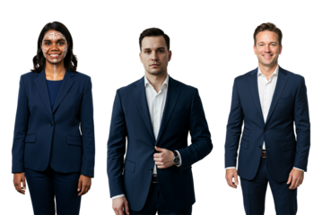 Three diverse business professionals, including a young adult Black woman with face paint and two Caucasian men, posing in navy blue suits against a black studio background.