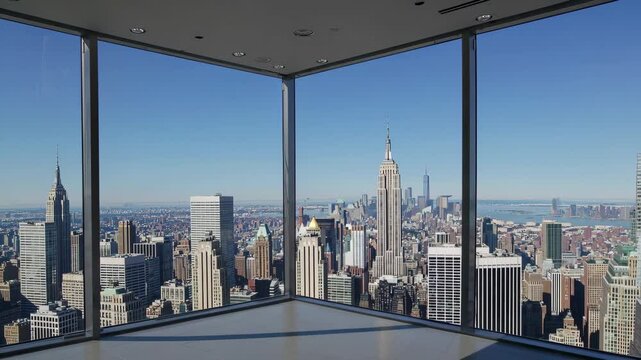 Scenic metropolitan panorama transition from day to dusk in modern highrise apartment