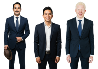 Diverse group of three professional men in dark suits and ties, including Hispanic, Asian, and Caucasian with albinism, standing confidently against a transparent background.