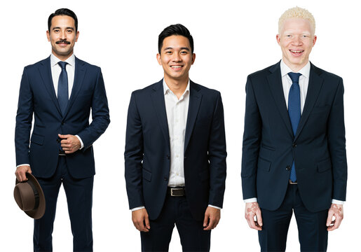 Diverse group of three professional men in dark suits and ties, including Hispanic, Asian, and Caucasian with albinism, standing confidently against a transparent background.