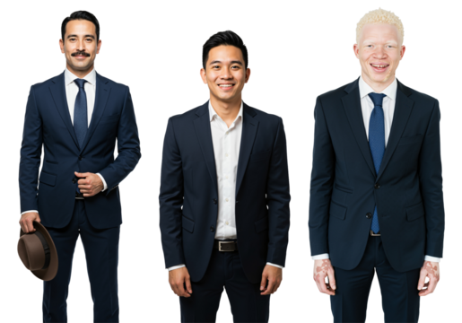 Diverse group of three professional men in dark suits and ties, including Hispanic, Asian, and Caucasian with albinism, standing confidently against a transparent background.