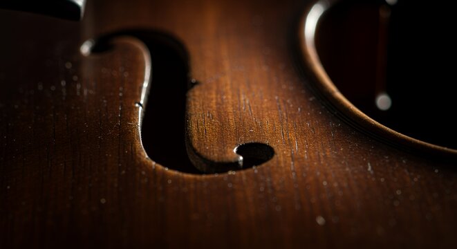 Close-up of a Violin's F-Hole: Intricate Detail and Warm Wood Tones
