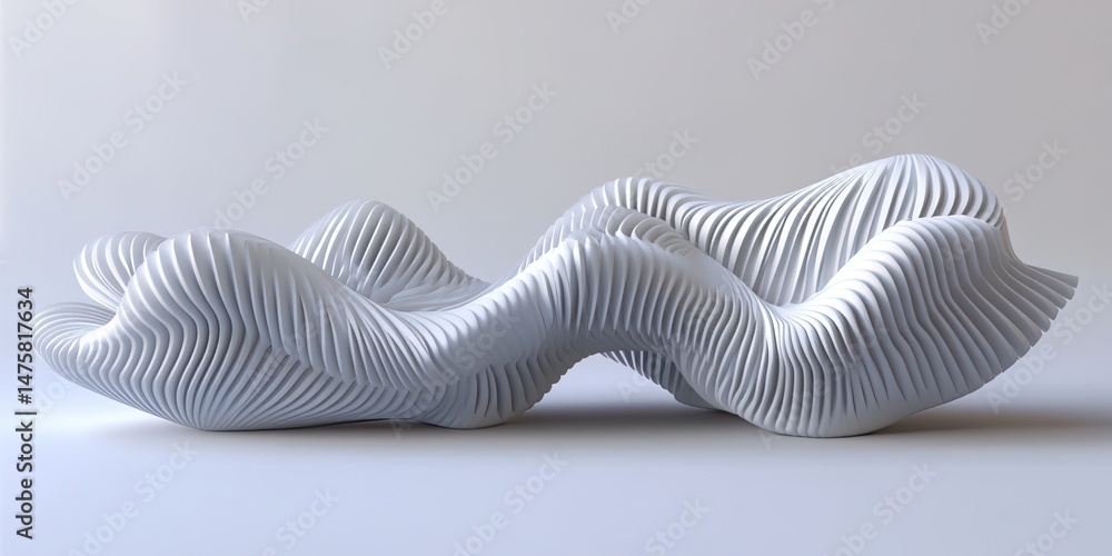 Poster abstract white 3d wavy sculpture with lines on light background rendering art