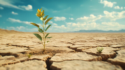 Isolated plant fights drought in a cracked desert, background clear blue sky. [Crystalline Wastelands] | Glintcore Sink | collapsed gleam. Illustration