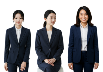 Three young adult Asian women in professional navy business suits and white shirts posing for studio portraits against a transparent background