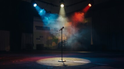 Microphone On Stage With Dramatic Lighting And Smoke Effect Empty Performance Venue For A Concert Or Stand Up Comedy Routine