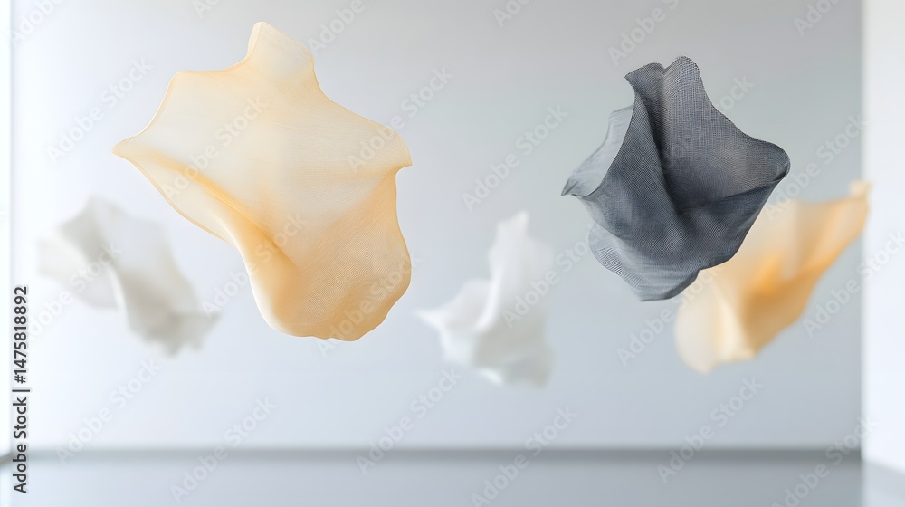 Poster floating textile forms in various muted tones.