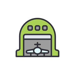 Depiction Of An Airplane Inside A Bright Green Hangar Icon Design